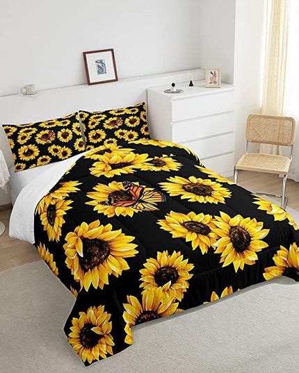 Feelyou Sunflower Bedding Set Girls Yellow Floral Butterfly Comforter Chic Flowers Comforter Set for Kids Teens Botanical Nature Duvet Set Soft Room Decor King Size Boys - LeafyLoom