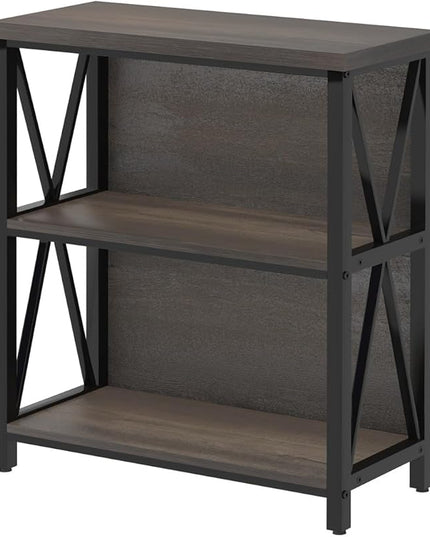 FATORRI Rustic Short 2 Shelf Bookshelf, Industrial Low Wood Bookcase, Farmhouse Small Book Case for Small Space (Walnut Brown) - LeafyLoom