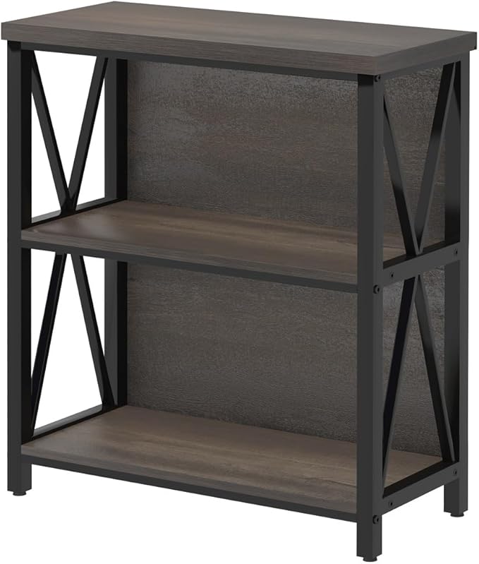 FATORRI Rustic Short 2 Shelf Bookshelf, Industrial Low Wood Bookcase, Farmhouse Small Book Case for Small Space (Walnut Brown) - LeafyLoom