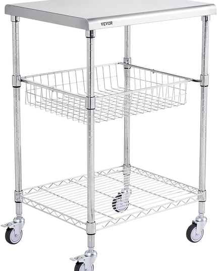 VEVOR Kitchen Utility Cart, 36.6"x20"x24" 3 Tiers Wire Rolling Cart, 470LBS Capacity Steel Service Cart with Brake Wheels, Storage Trolley with 76mm Basket PP Liner 6 Hooks, for Indoor & Outdoor Use - LeafyLoom