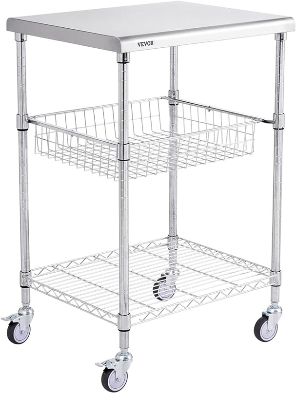VEVOR Kitchen Utility Cart, 36.6"x20"x24" 3 Tiers Wire Rolling Cart, 470LBS Capacity Steel Service Cart with Brake Wheels, Storage Trolley with 76mm Basket PP Liner 6 Hooks, for Indoor & Outdoor Use - LeafyLoom