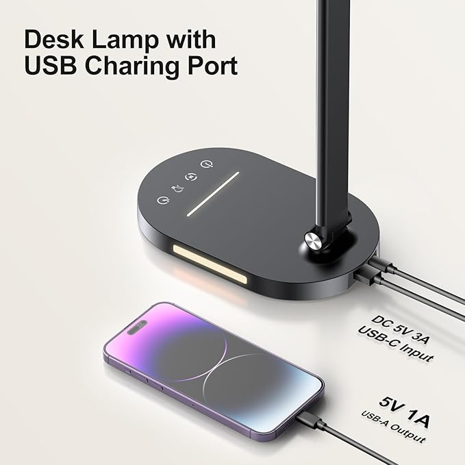 Desk Lamps for Home Office, Eye-Care LED Desk Lamp with USB Charging Port, Touch Control Table Lamp with Night Light Mode, 60 min Timer Desktop Lamp for College Dorm Room Bedroom - LeafyLoom