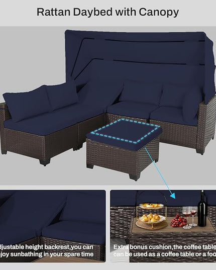 6 PCS Outdoor Patio Furniture Set,Sectional Sofa Set,Rattan Daybed with Retractable Canopy,Adjustable Backrest,Storage Coffee Table,Chaise Chair Sunbed for Garden Poolside Backyard(Navy Blue) - LeafyLoom