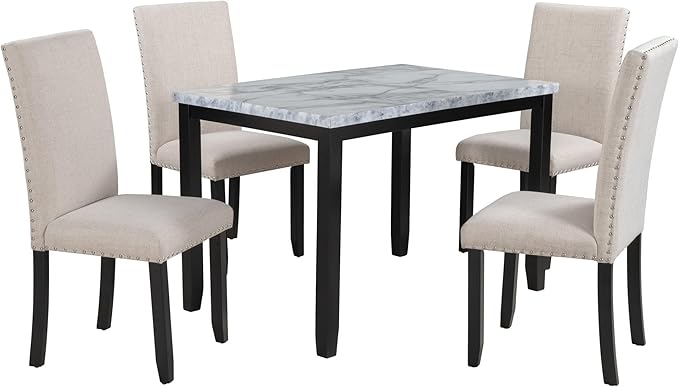 5 Piece Faux Marble Dining Set with Four Thicken Cushion Chairs, Home Kitchen Furniture for 4 People, Family Candlelight Dinner Tables for Diningroom, Living Room, Beige+Black - LeafyLoom