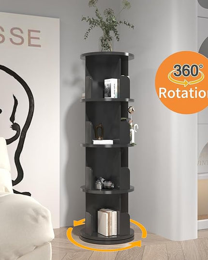 DMAITH Rotating Bookshelf, 360° Display Corner Bookcase for Small Space, 4 Tier Floor Standing Bookshelf Storage Rack, Wood Bookshelf Organizer for Kids' Room, Study Room, Bedroom, Black - LeafyLoom
