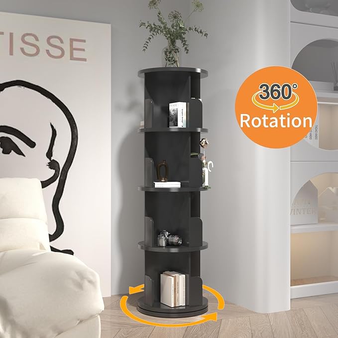 DMAITH Rotating Bookshelf, 360° Display Corner Bookcase for Small Space, 4 Tier Floor Standing Bookshelf Storage Rack, Wood Bookshelf Organizer for Kids' Room, Study Room, Bedroom, Black - LeafyLoom