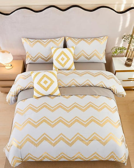 7PCS Gold and Grey Comforter Set,Gray Comforter Set Queen Size,Metallic Blush and Grey Bedding Set Queen,Bed in A Bag Queen for Teen Girls Women,Bedroom Decoration Queen 7Pcs - LeafyLoom