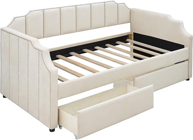 Twin Size Velvet Upholstered Daybed with Drawers, Solid Wood Bed w/Vertical Stripes Designed Backrest and Pine Legs, for Living Room, Bedroom, Dorm, No Box Spring Needed - LeafyLoom