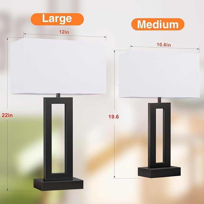 22" Tall Living Room Lamps for Night Stands - Touch Bedside Lamp with USB C+A, 3 Way Dimmable bedroom Lamps for End Tables Set of 2, Modern Night Stand Lamps for Bed Side(White&Black) - LeafyLoom