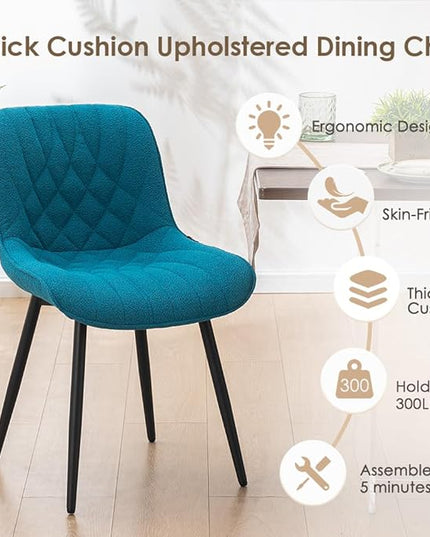 YOUNUOKE Comfortable Dining Chairs Set of 2, Mid-Century Modern Kitchen Dining Room Chairs, Upholstered Backrest Boucle Dining Chair with Black Metal, Teal - LeafyLoom