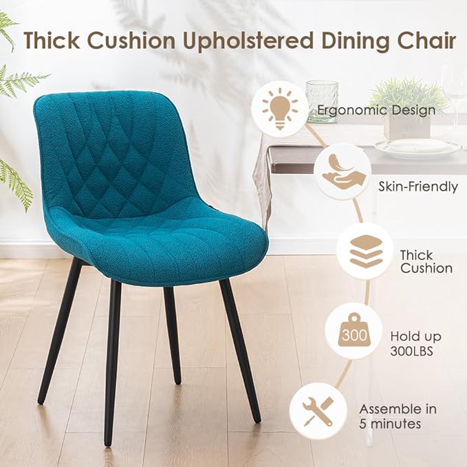 YOUNUOKE Comfortable Dining Chairs Set of 2, Mid-Century Modern Kitchen Dining Room Chairs, Upholstered Backrest Boucle Dining Chair with Black Metal, Teal - LeafyLoom