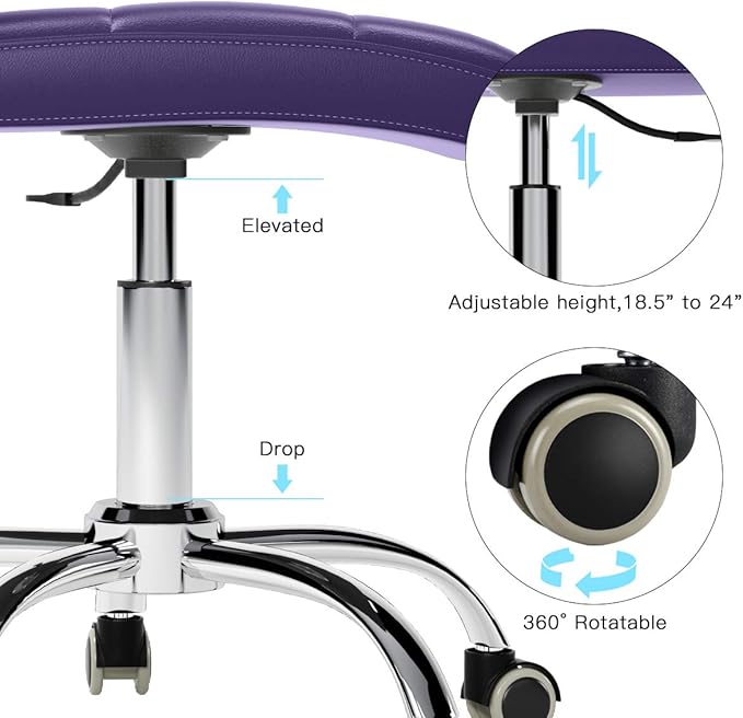 360° Office Desk Chair,PU Adjustable Rolling Task Chair with Backrest for Barber,Office,Home, Computer,360° Swivel,Armless (purple) - LeafyLoom
