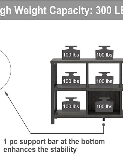 FOLUBAN 6 Cube Storage Organizer with Shelf, Wood and Metal Cubby Bookcase, Industrial Low Horizontal Bookshelf (Dark Grey, 47 Inch) - LeafyLoom