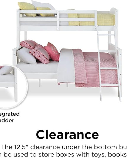 DHP Airlie Convertible Wood Bunk Bed, Stackable and Detachable Bed Frames for Kids and Teens, with Angled Ladder, High Guardrail, Wood Slats, No Boxspring Required, Twin-Over-Full, White - LeafyLoom