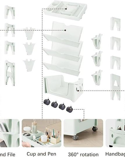 5 Tier Book Rack Storage Bookshelf, Removable Movable Unique Bookcase, Mobile Bookshelf with Wheels Utility Organizer Bookshelves for Kids Children Students Study in Bedroom Living Room School (Green) - LeafyLoom