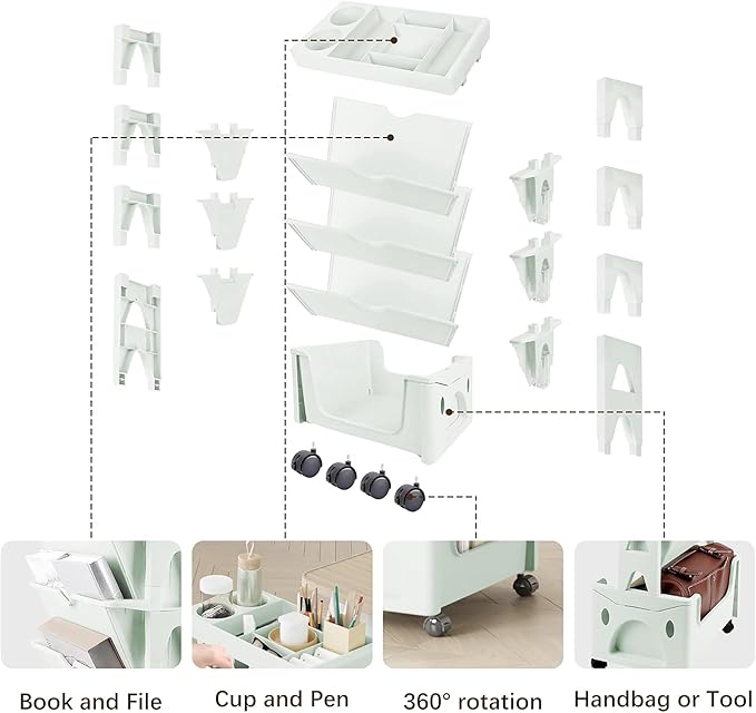 5 Tier Book Rack Storage Bookshelf, Removable Movable Unique Bookcase, Mobile Bookshelf with Wheels Utility Organizer Bookshelves for Kids Children Students Study in Bedroom Living Room School (Green) - LeafyLoom