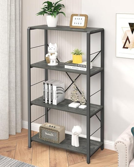 Bookshelf and Bookcase, Rustic Wood and Metal Book Shelves, Vintage 4-tier Shelving Unit for Living Room Bedroom, Grey - LeafyLoom