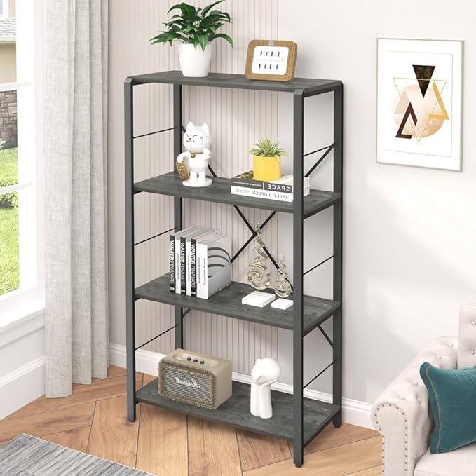Bookshelf and Bookcase, Rustic Wood and Metal Book Shelves, Vintage 4-tier Shelving Unit for Living Room Bedroom, Grey - LeafyLoom