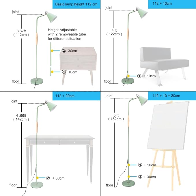 NIOSTA Height Adjustable Reading Floor Lamp,Industrial Modern Style,360°Rotatable Shade, 3color Adjustable,for Living Room,Office, Bedroom Reading, Easel Work etc (Green+Wood) - LeafyLoom