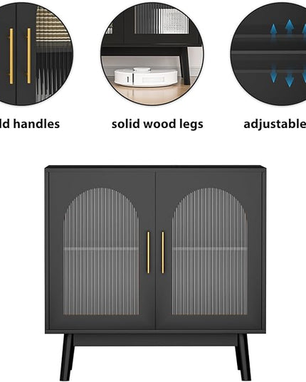 Set of 3 Sideboard Buffet Cabinet, Accent Kitchen Storage Cabinet with Glass Doors, Modern Console Table TV Stand with Adjustable Shelves for Living Room, Dining Room, Black - LeafyLoom