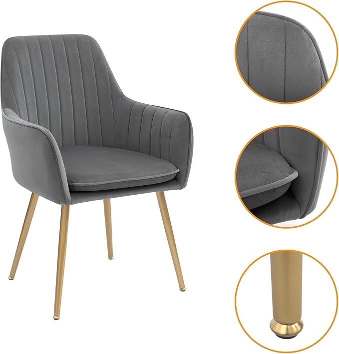 CangLong Furniture Modern Living Dining Room Accent Arm Chairs Club Guest with Gold Metal Legs, Set of 2, Grey - LeafyLoom