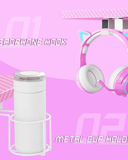 armocity Pink Gaming Desk with Shelves and Power Outlets, L Shaped Gaming Desk with LED Lights, Reversible L Shaped Computer Desk for Gaming, Gamer Desk with Monitor Stand, 47" - LeafyLoom