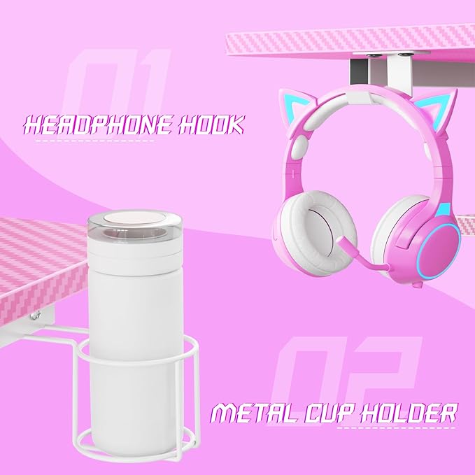 armocity Pink Gaming Desk with Shelves and Power Outlets, L Shaped Gaming Desk with LED Lights, Reversible L Shaped Computer Desk for Gaming, Gamer Desk with Monitor Stand, 47" - LeafyLoom