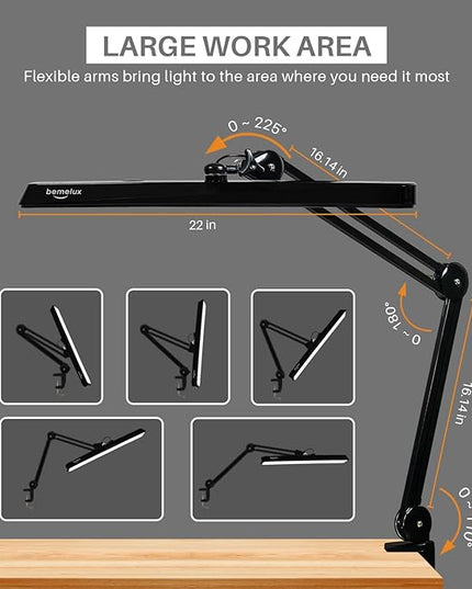 LED Architect Desk Lamp with Clamp, Metal Swing Arm 2000 Lumens Dimming Office Table Lamp for Task Work Drafting Reading Desktop, 117PCS Bright LEDs, 24W Workbench Lamp(Black) - LeafyLoom