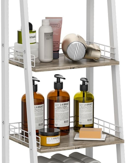 keomaisyto 4-Tier Elegant Ladder Shelf, Bathroom Storage Shelf, Ladder Bookshelf with Drawer, Freestanding Storage Shelves for Bathroom Living Room Study Office, White - LeafyLoom