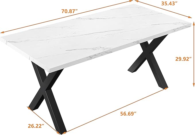 NicBex Dining Table Contemporary Kitchen Table Farmhouse Rustic 70.87" Square Dining Table with Printed White Marble Table Top+Black X-Shape Table Leg Rectangular Dining Table, White - LeafyLoom