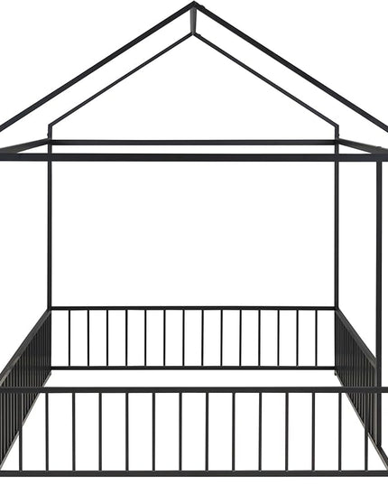 RITSU Full Size Montessori Floor Bed, Metal House Bedframe with Fence, Robust Construction is Used, for Children'S Rooms, Boys Girls, No Box Spring Needed, Easy Assembly, Black - LeafyLoom