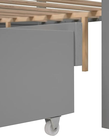 Queen Size Canopy Platform Bed with Twin Trundle and Three Storage Drawers, Wooden Daybed Frame Beds for Kids Teens Boys Girls,Gray - LeafyLoom