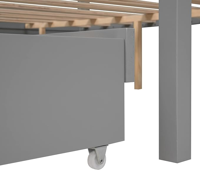 Queen Size Canopy Platform Bed with Twin Trundle and Three Storage Drawers, Wooden Daybed Frame Beds for Kids Teens Boys Girls,Gray - LeafyLoom