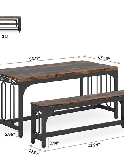 Tribesigns 55 Inch Dining Table Set for 4-6, 3-Piece Kitchen Table with 2 Benches, Space-Saving Dining Room Table Set for Home Kitchen, Restaurant, Rustic Brown - LeafyLoom