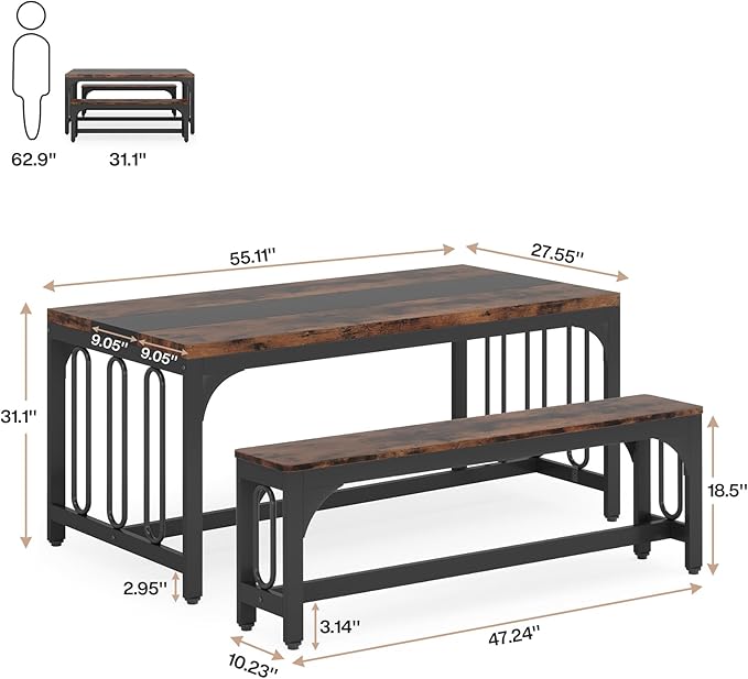 Tribesigns 55 Inch Dining Table Set for 4-6, 3-Piece Kitchen Table with 2 Benches, Space-Saving Dining Room Table Set for Home Kitchen, Restaurant, Rustic Brown - LeafyLoom