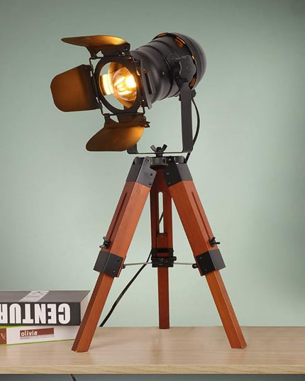 Decoluce Industrial Tripod Floor Table Lamp Vintage Wood Cinema Searchlight Standing Lighting Fixtures Nautical Spotlight Decorations-Not Include E26 Bulbs (Cinema) - LeafyLoom
