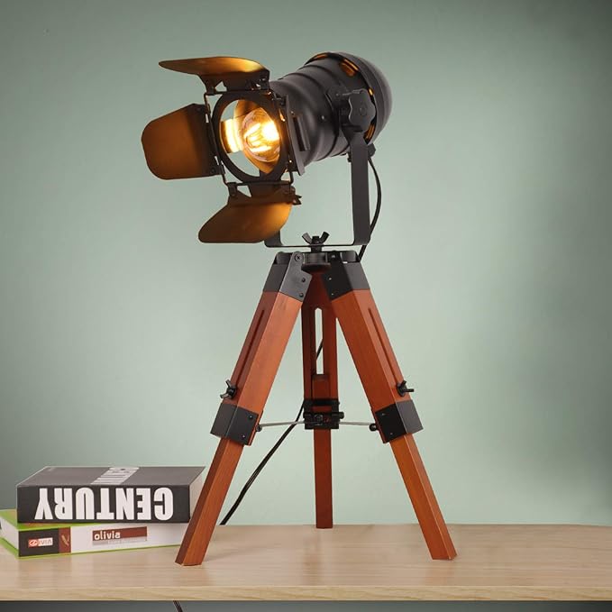 Decoluce Industrial Tripod Floor Table Lamp Vintage Wood Cinema Searchlight Standing Lighting Fixtures Nautical Spotlight Decorations-Not Include E26 Bulbs (Cinema) - LeafyLoom