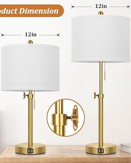 Table Lamp Set of 2, Bedside Lamp with 2 USB Ports, Gold Tall Table Lamp for Living Room End Tables, 23" to 30" Height Adjustable Table Lamp for Bedroom, Farmhouse Table Lamps with Pull Chain, E26 - LeafyLoom