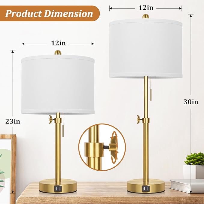 Table Lamp Set of 2, Bedside Lamp with 2 USB Ports, Gold Tall Table Lamp for Living Room End Tables, 23" to 30" Height Adjustable Table Lamp for Bedroom, Farmhouse Table Lamps with Pull Chain, E26 - LeafyLoom
