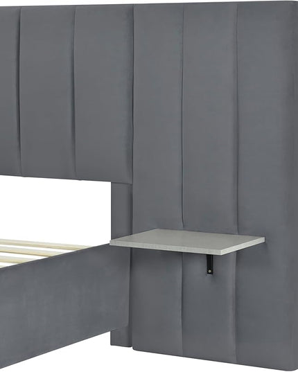 Queen Upholstered Platform Bed Frame with Extended Headboard and and Two Shelves, Velvet Bed, No Box Spring Needed, Gray - LeafyLoom