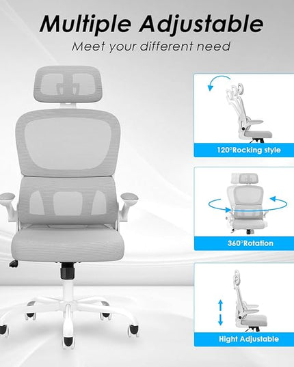 Soohow Ergonomic Home Office Chair, Mesh Desk Chair with Lumbar Support, Comfy Computer Desk Chair with Flip Armrest Rolling Wheels, Adjustable Headrest, Grey. - LeafyLoom