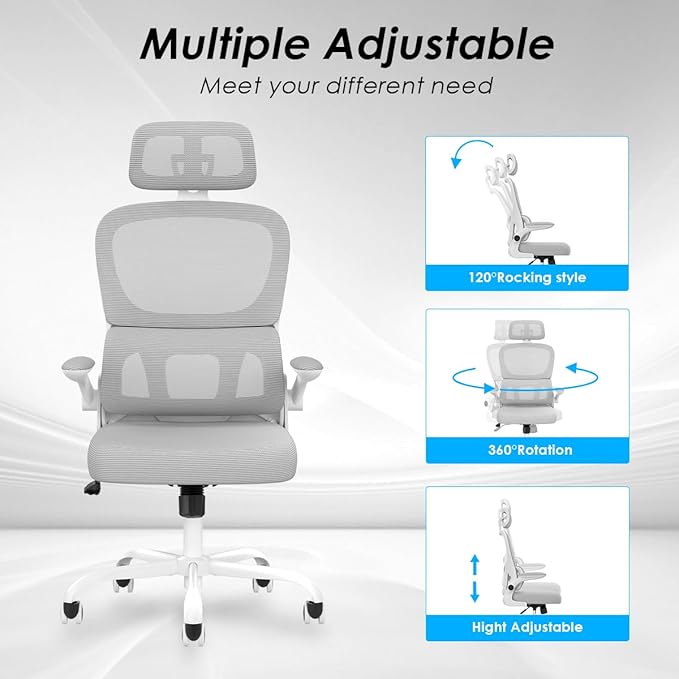 Soohow Ergonomic Home Office Chair, Mesh Desk Chair with Lumbar Support, Comfy Computer Desk Chair with Flip Armrest Rolling Wheels, Adjustable Headrest, Grey. - LeafyLoom