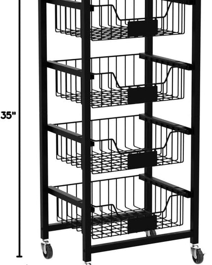 Fruit Basket, 5-Tier Utility Kitchen Organizer and Storage Cart with Pull-Out Baskets and Wood Top, Rolling Pantry Kitchen Cart on Wheels for Fruit Potato Onion Vegetable Snack Produce - LeafyLoom