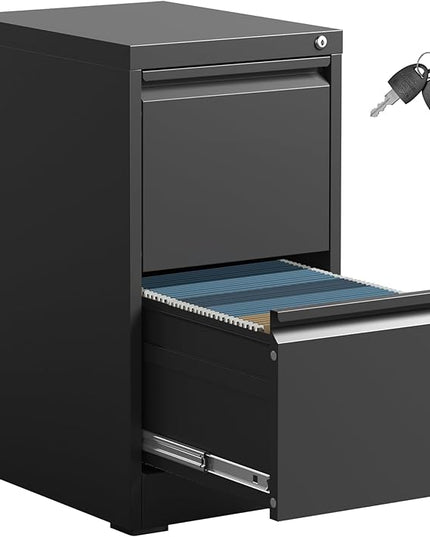 2 Drawer File Cabinet,Black Metal Filing Cabinets for Home Office,Vertical File Cabinet with Lock for A4/Letter/Legal Size Files,Assembly Required - LeafyLoom
