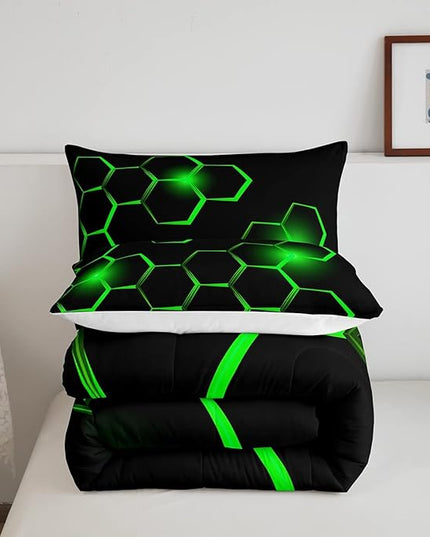 Honeycomb Kids Comforter Set Modern Geometry Hexagon Bedding Set for Boys Children Teens Bedroom Decor Geometrical Comforter Beehive Geometric Black Green Duvet Set Twin Size with 1 Pillow Case - LeafyLoom