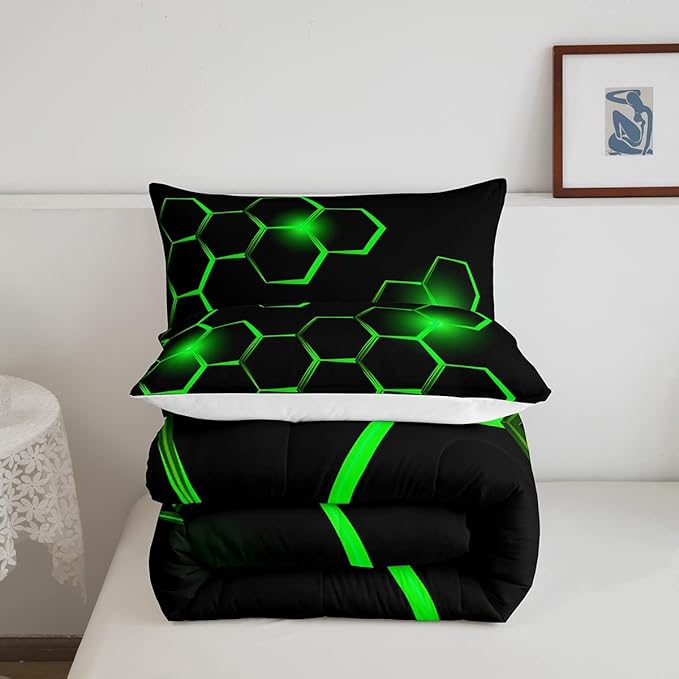 Honeycomb Kids Comforter Set Modern Geometry Hexagon Bedding Set for Boys Teens Decor Geometrical Comforter Beehive Geometric Black Green Duvet Set King Size with 3 Pillow Case Boys - LeafyLoom