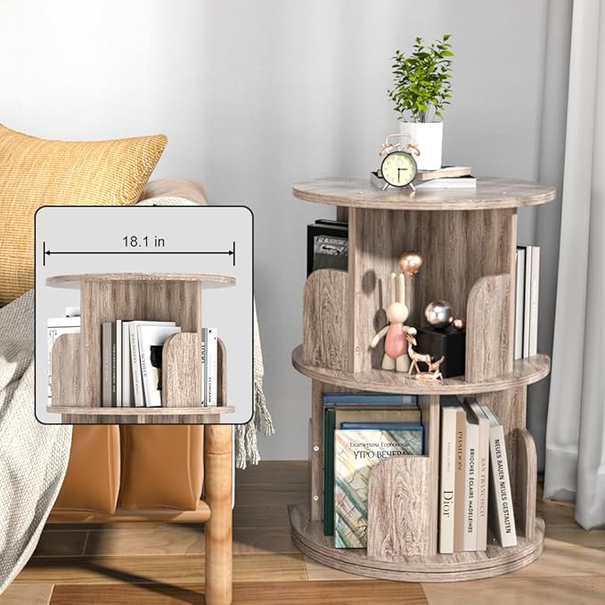 Nidouillet Small Rotating Bookshelf, 2 Tier Revolving Bookcase 360° Display Round Bookshelf Narrow Swivel Corner Book Shelf Standing Bookcase Adult Bedroom - LeafyLoom