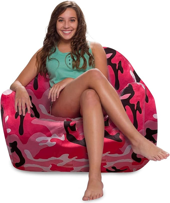 Posh Creations Structured Comfy Bean Bag Chair for Gaming, Reading and Watching TV, Malibu Lounge, Nylon - Camo Pink and Black - LeafyLoom