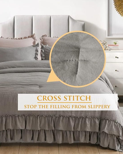 Grey Shabby Comforter Set Queen,Farmhouse Rustic Microfiber Bedding Ruffled Comforter Set,Vintage Gray Ruffle Comforter for Queen Bed Fluffy Aesthetic Bedding 3 Pieces - LeafyLoom