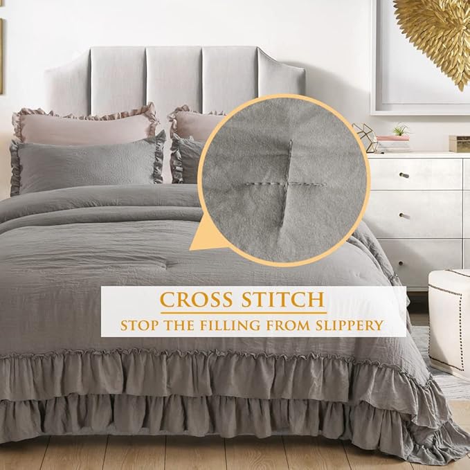 Grey Shabby Comforter Set Queen,Farmhouse Rustic Microfiber Bedding Ruffled Comforter Set,Vintage Gray Ruffle Comforter for Queen Bed Fluffy Aesthetic Bedding 3 Pieces - LeafyLoom